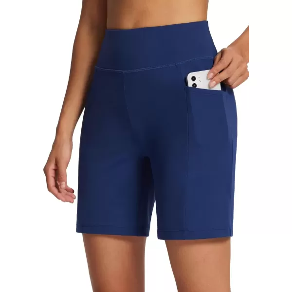 imageBALEAF Womens 7quot Bermuda Shorts High Waisted Athletic Running Pull On Shorts with Pockets for Causal SummerDark Blue