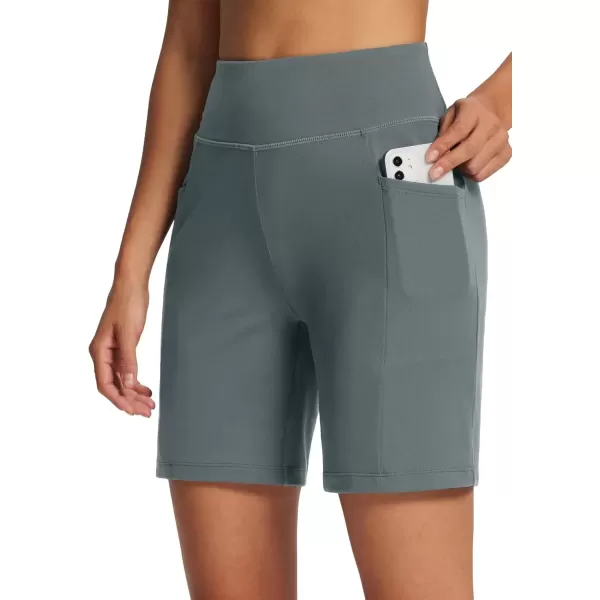 imageBALEAF Womens 7quot Bermuda Shorts High Waisted Athletic Running Pull On Shorts with Pockets for Causal SummerDark Grey