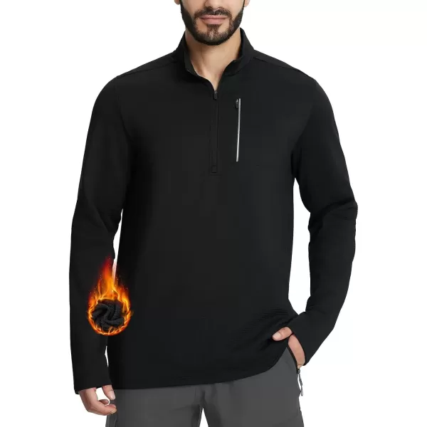 imageBALEAF Mens Fleece Lined Running Jacket Quarter Zip Cold Weather Gear Waffle Thermal Pullover with Zip PocketsBlack