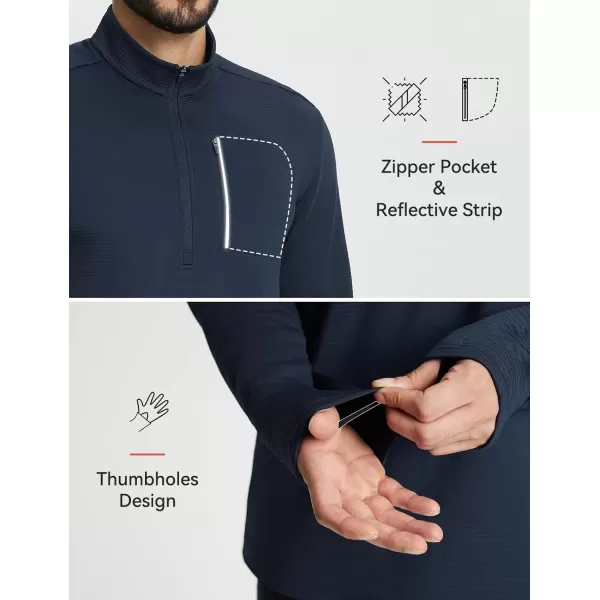 imageBALEAF Mens Fleece Lined Running Jacket Quarter Zip Cold Weather Gear Waffle Thermal Pullover with Zip PocketsNavy