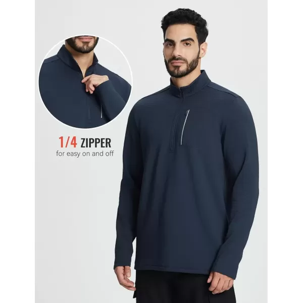 imageBALEAF Mens Fleece Lined Running Jacket Quarter Zip Cold Weather Gear Waffle Thermal Pullover with Zip PocketsNavy