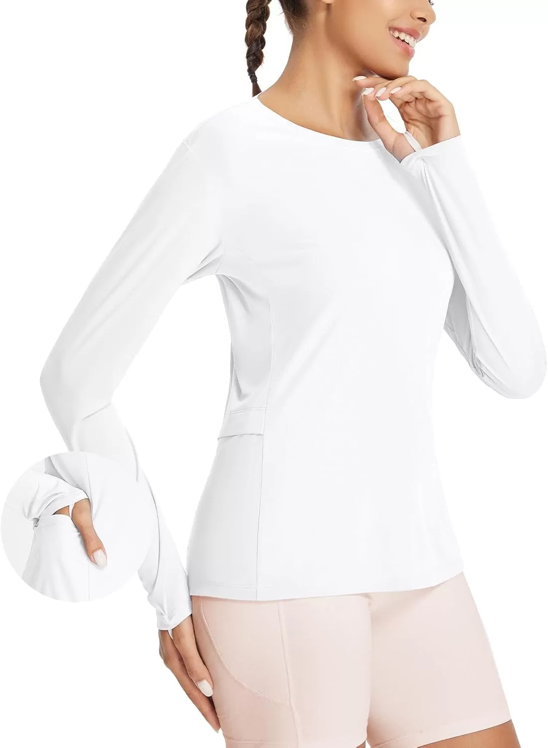 imageBALEAF Rash Guard for Women UPF 50 Sun Shirt with Pockets Hiking Clothing Long Sleeve Workout TopsWhite