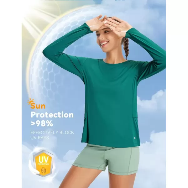 imageBALEAF Rash Guard for Women UPF 50 Sun Shirt with Pockets Hiking Clothing Long Sleeve Workout TopsGreen