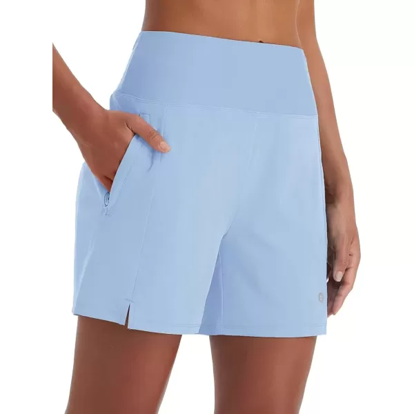 imageBALEAF Womens 5quot Swim Shorts High Waisted Quick Dry Swimming Bottom Boxer Liner Board Beach Shorts with Zipper PocketsLight Blue