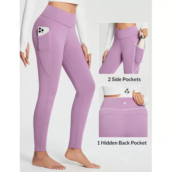 imageBALEAF Womens Crossover Fleece Lined Leggings with Pockets Thermal Warm Winter Tights Crossover High Waisted Yoga PantsGrape