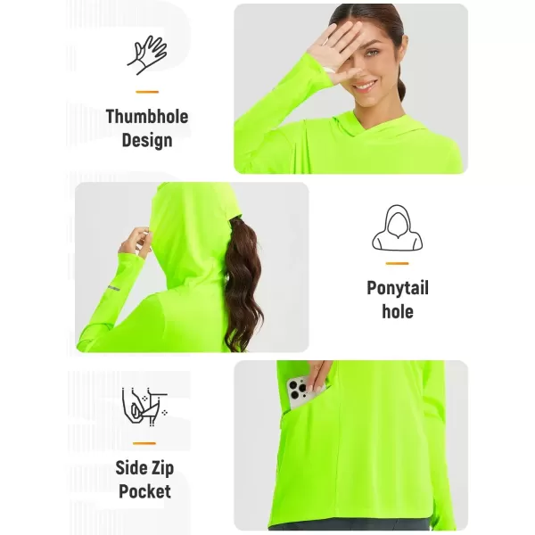 imageBALEAF Womens Cycling Shirts Long Sleeve UPF50 Hoodie Sun Protection Shirt Mountain Bike Zip PocketFluorescent Green