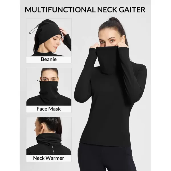 imageBALEAF Womens Thermal Long Sleeve Shirts Fleece Turtleneck Top Warm Undershirts with Detachable Neck Gaiter ThumbholesBlack