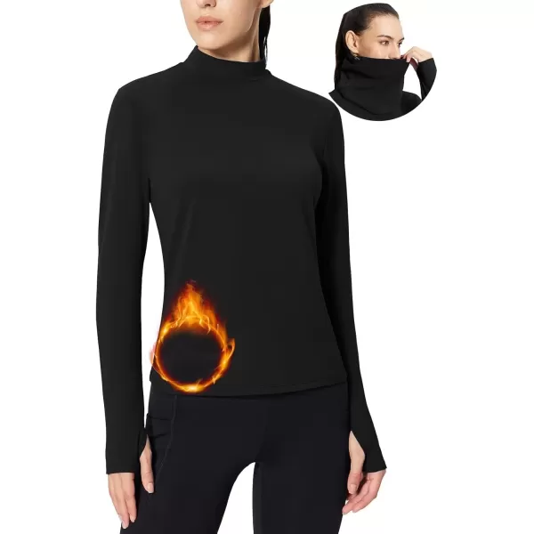 imageBALEAF Womens Thermal Long Sleeve Shirts Fleece Turtleneck Top Warm Undershirts with Detachable Neck Gaiter ThumbholesBlack