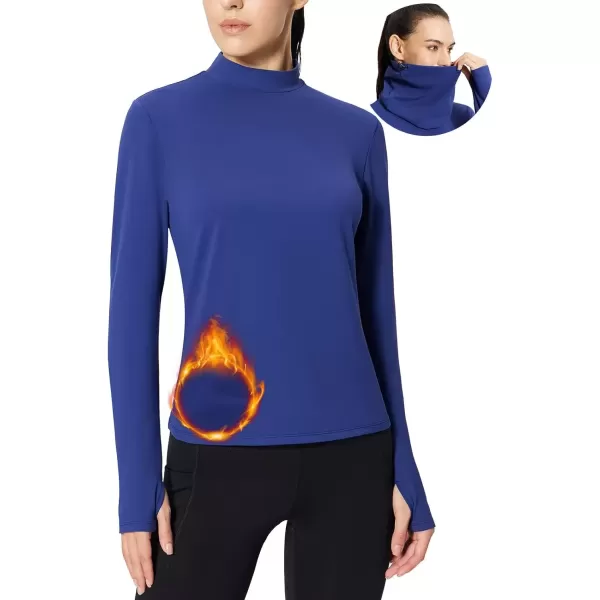 imageBALEAF Womens Thermal Long Sleeve Shirts Fleece Turtleneck Top Warm Undershirts with Detachable Neck Gaiter ThumbholesBlue