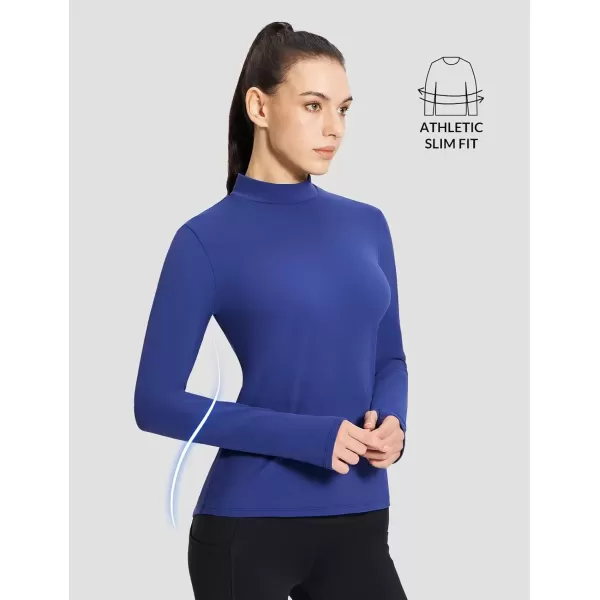 imageBALEAF Womens Thermal Long Sleeve Shirts Fleece Turtleneck Top Warm Undershirts with Detachable Neck Gaiter ThumbholesBlue