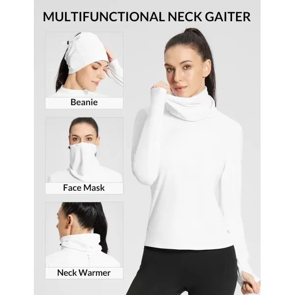 imageBALEAF Womens Thermal Long Sleeve Shirts Fleece Turtleneck Top Warm Undershirts with Detachable Neck Gaiter ThumbholesWhite