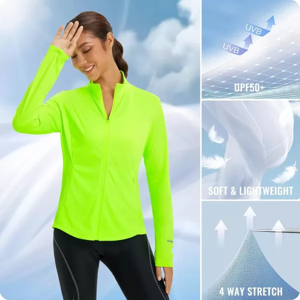 imageBALEAF Womens UPF 50 Lightweight Athletic Jacket Sun Protection Full Zip Long Sleeve Shirts Pockets Cycling RunningFluorescent Green