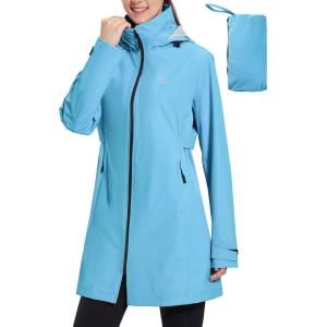 imageBALEAF Womens Long Rain Jacket Packable Hood lightweight Waterproof Cycling Raincoat WindbreakerSky Blue