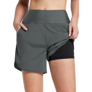 imageBALEAF Womens 5quot Swim Shorts High Waisted Board Shorts Quick Dry Swimming Bottoms Trunks UPF 50 Beach Shorts with LinerDark Grey
