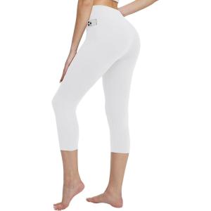 imageBALEAF Womens Capri Leggings with Pockets High Waisted Workout Yoga Running Gym Pants for Casual SummerWhite