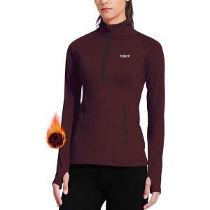 imageBALEAF Womens Running Jacket Thermal Fleece Pullover Half Zip Tops Thumbholes Winter Long Sleeve Cold WeatherRed