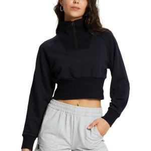 imageBALEAF Womens Half Zip Cropped Sweatshirt High Neck Long Sleeve Crop Pullover Athletic Ribbed Corset Hems CozyBlack