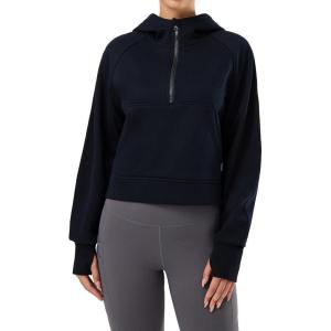 imageBALEAF Womens Half Zip Cropped Sweatshirt High Neck Long Sleeve Crop Pullover Athletic Ribbed Corset Hems CozyBlackhoodie