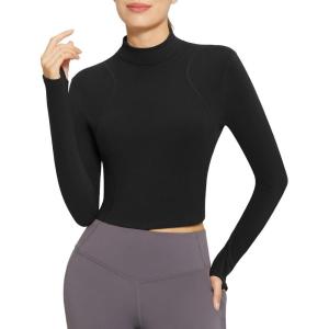 imageBALEAF Womens Thermal Tops Fleece Lined Shirts Long Sleeve Cold Weather Winter Gear Workout Zipper Pocket ThumbholesBlack