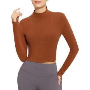 imageBALEAF Womens Thermal Tops Fleece Lined Shirts Long Sleeve Cold Weather Winter Gear Workout Zipper Pocket ThumbholesCaramel