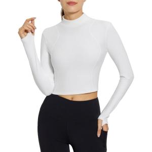 imageBALEAF Womens Thermal Tops Fleece Lined Shirts Long Sleeve Cold Weather Winter Gear Workout Zipper Pocket ThumbholesWhite