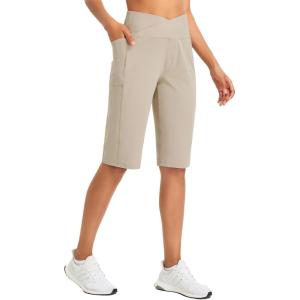 imageBALEAF Womens Bermuda Long Shorts 14quot Knee Length High Waisted Athletic Shorts with Pockets Stretch Soft Loose Casual SummerKhaki