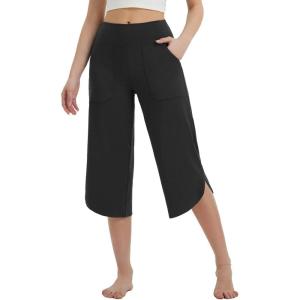 imageBALEAF Womens Capri Pants Wide Leg Yoga Capris with Pockets Loose Stretch Workout Leggings Casual SummerBlack