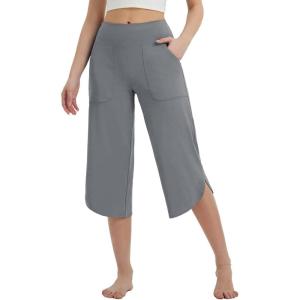 imageBALEAF Womens Capri Pants Wide Leg Yoga Capris with Pockets Loose Stretch Workout Leggings Casual SummerDark Grey