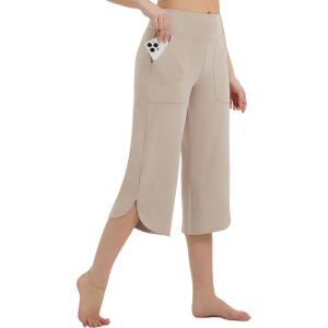 imageBALEAF Womens Capri Pants Wide Leg Yoga Capris with Pockets Loose Stretch Workout Leggings Casual SummerKhaki