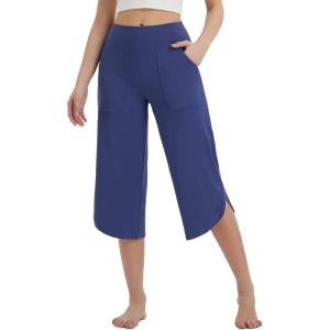 imageBALEAF Womens Capri Pants Wide Leg Yoga Capris with Pockets Loose Stretch Workout Leggings Casual SummerNavy Blue