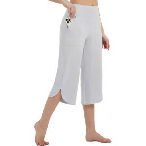imageBALEAF Womens Capri Pants Wide Leg Yoga Capris with Pockets Loose Stretch Workout Leggings Casual SummerWhite