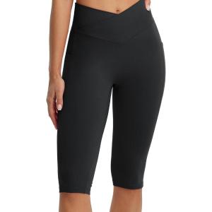 imageBALEAF Womens Knee Length Capri Leggings with Pockets High Waisted Stretch for Casual Summer Yoga Workout ExerciseBlack