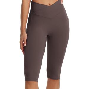 imageBALEAF Womens Knee Length Capri Leggings with Pockets High Waisted Stretch for Casual Summer Yoga Workout ExerciseSeal Brown