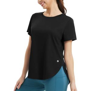 imageBALEAF Womens Running Shirts Short Sleeve Workout Tops Quick Dry Athletic TShirts Loose Fit Gym Yoga Tee UPF 50Black