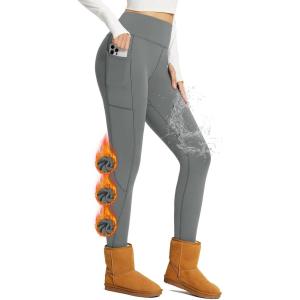 imageBALEAF Womens Thick Fleece Lined Leggings Water Resistant Zipper Pocket High Waisted Winter Snow Pants01grey