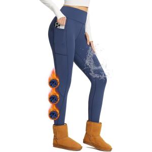 imageBALEAF Womens Thick Fleece Lined Leggings Water Resistant Zipper Pocket High Waisted Winter Snow Pants01navy