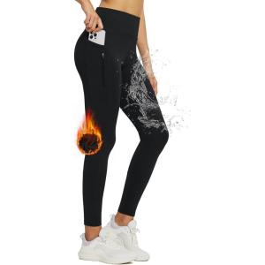 imageBALEAF Womens Thick Fleece Lined Leggings Water Resistant Zipper Pocket High Waisted Winter Snow Pants02black