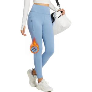 imageBALEAF Womens Thick Fleece Lined Leggings Water Resistant Zipper Pocket High Waisted Winter Snow Pants02blue