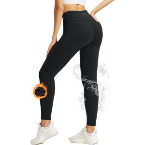 imageBALEAF Womens Thick Fleece Lined Leggings Water Resistant Zipper Pocket High Waisted Winter Snow Pants04black