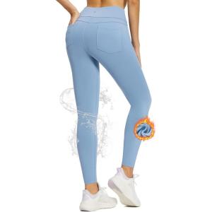 imageBALEAF Womens Thick Fleece Lined Leggings Water Resistant Zipper Pocket High Waisted Winter Snow Pants04blue