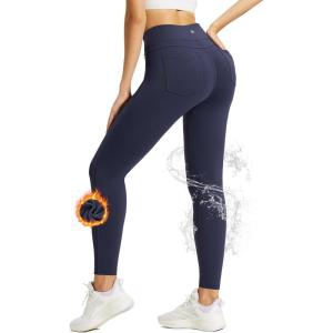 imageBALEAF Womens Thick Fleece Lined Leggings Water Resistant Zipper Pocket High Waisted Winter Snow Pants04navy