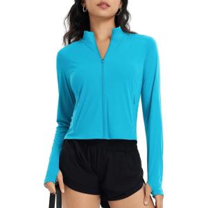 imageBALEAF Womens UPF 50 Sun Shirts Protection SPF Crop Jacket UV Protection Long Sleeve Full Zip Clothing LightweightGlacier Blue