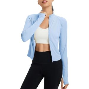imageBALEAF Womens UPF 50 Sun Shirts Protection SPF Crop Jacket UV Protection Long Sleeve Full Zip Clothing LightweightLight Blue