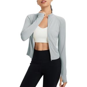 imageBALEAF Womens UPF 50 Sun Shirts Protection SPF Crop Jacket UV Protection Long Sleeve Full Zip Clothing LightweightLight Gray