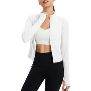 imageBALEAF Womens UPF 50 Sun Shirts Protection SPF Crop Jacket UV Protection Long Sleeve Full Zip Clothing LightweightUltra White
