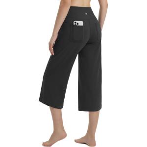 imageBALEAF Womens Wide Leg Yoga Capris Pants with 4 Pockets Plus Size Cropped Dress Pants Travel Casual SummerBlack