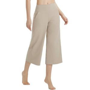 imageBALEAF Womens Wide Leg Yoga Capris Pants with 4 Pockets Plus Size Cropped Dress Pants Travel Casual SummerKhaki