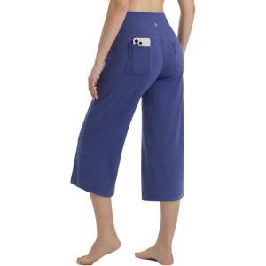 imageBALEAF Womens Wide Leg Yoga Capris Pants with 4 Pockets Plus Size Cropped Dress Pants Travel Casual SummerNavy Blue