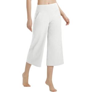 imageBALEAF Womens Wide Leg Yoga Capris Pants with 4 Pockets Plus Size Cropped Dress Pants Travel Casual SummerWhite