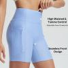 imageBALEAF Womens 5quot High Waisted Swim Shorts with Zipper Pockets Tummy Control Swimsuits Bottoms Board Shorts with LinerLight Blue